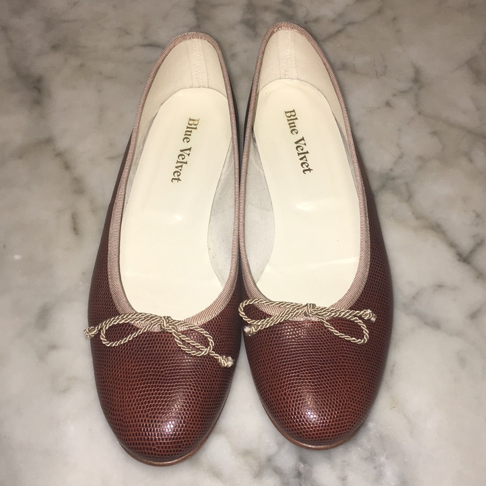 Blue Velvet Brown Lizard-Embossed Leather Ballet Flats with Bow - 10/ 10.5